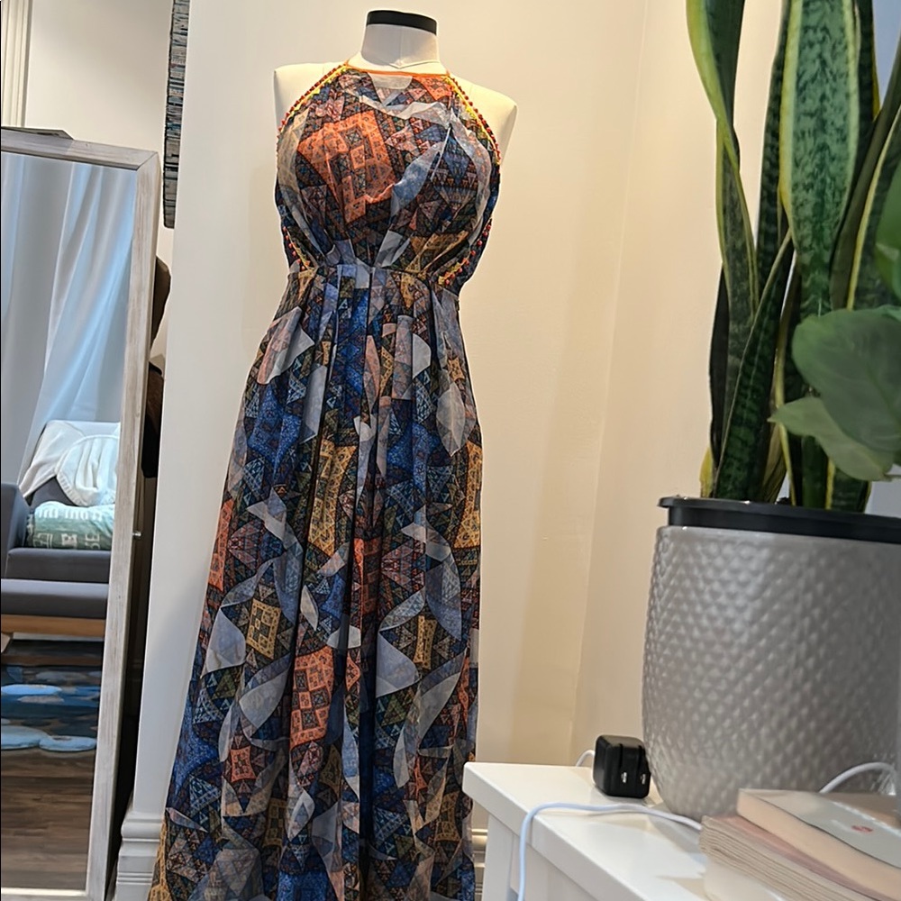 Ranna Gill Blue and Brown Halter Maxi Dress
